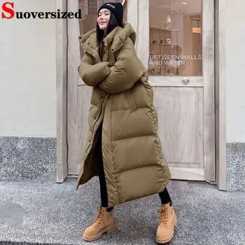 Свободни дългите зимни топло палто с качулка, ежедневни дамски якета с памучна подплата размер оверсайз 5xl, зимни изолирана паркове