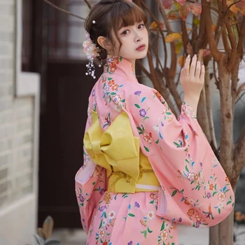 Секси дълга рокля в японски стил розов цвят, традиционно кимоно с Оби, костюм за cosplay, дрехи за снимки, на официална роба юката