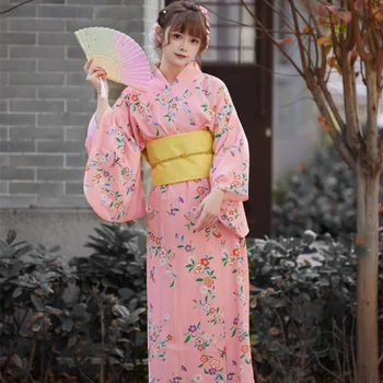 Секси дълга рокля в японски стил розов цвят, традиционно кимоно с Оби, костюм за cosplay, дрехи за снимки, на официална роба юката