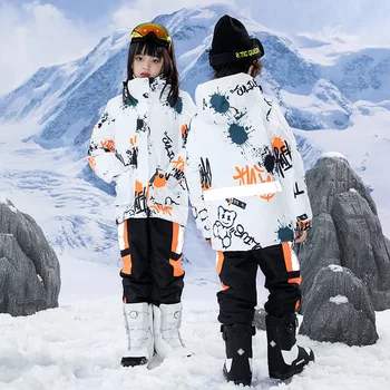 Ски костюм за деца, ветрозащитный водоустойчив топъл зимен костюм за каране на ски, сноуборд, яке и панталони за момичета и момчета, комплект, подходящ за деца