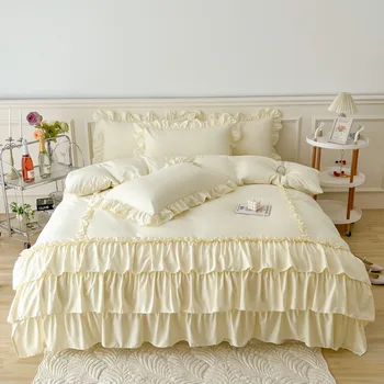 Спално бельо, елегантни комплекти спално бельо, луксозен чаршаф от памук принцеса с волани, комплект спално бельо, пола и калъфки, комплекти спално бельо