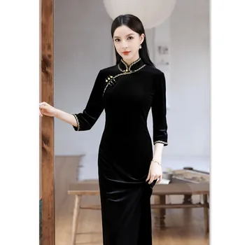 Стария Шанхай Черно кадифе с дълъг ръкав три четвърти Рокли 2022 Зима Нови традиционни китайски рокли, вечерни рокли