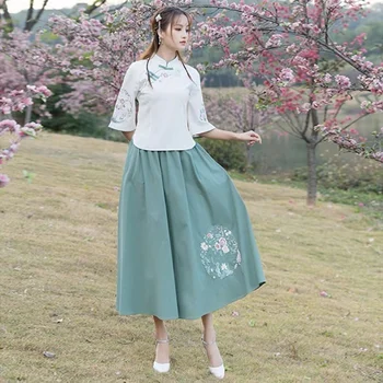 Традиционната китайска облекла за жени, модерен костюм с бродерия, топ + пола, комплект от 2 теми