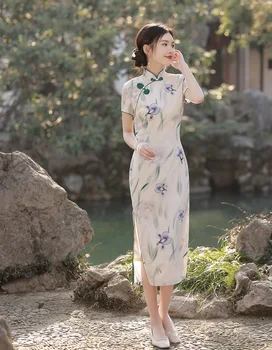 Традиционното женско ципао, с бутони за ръчно изработени, секси сатен, Чонсам с флорални принтом, елегантна ежедневна рокля в китайски стил в стил ретро