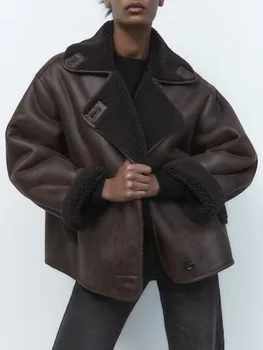 ТРАФИКА на Есенно-зимния женски флисовое палто, яке 2022, топли блузи с джобове за мото и колоездачи, дамски шик студена свободна однобортная на горно облекло