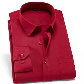 Червена мъжка риза с дълъг ръкав, приталенная, еластична, без ютия, против бръчки, однотонная риза с копчета голям размер, мъжки сватбени рокли, ризи