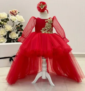 Червена рокля от тюл ръчно изработени за малки момичета рокля на рожден ден на принцеса рокля с цветя модел за момичета, дълго пищни рокля за бала