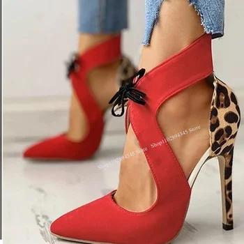 Червени кухи сандали на леопардовом ток с шнур, с остри пръсти, на тънък висок ток, секси модни дамски обувки за летни партита, Zapatillas Mujer