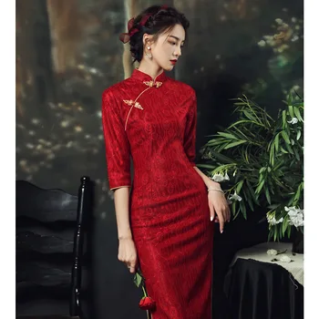 Червени рокли Чонсам в китайски стил, секси елегантна сватбена рокля midi Ципао с флорални принтом, на малка коледна вечерна рокля