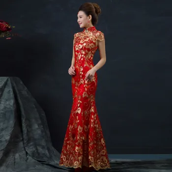 Червено китайското сватбена рокля, секси дълга рокля Чонсам с къс ръкав, златна фин китайски традиционната рокля, женски ципао за сватбени партита