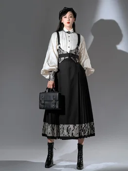 Черна пола с шарени конски муцуни, с джоб на кръста, в национален стил, оригинална система Минг, подобряване на ежедневното палто Hanfu, есен и зима