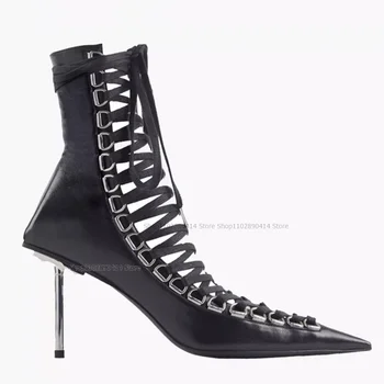 Черни ботильоны на метален ток с остър пръсти и шнур, дамски обувки на тънък висок ток с появата на шнур, на новост, мода 2023, Zapatos Para Mujere