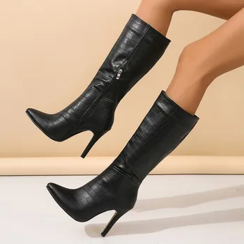Черни кожени дамски ботуши с цип голям размер обувки на висок ток престрелки обувки с дебело дъно нескользящие дълги ботуши обувки Обувки