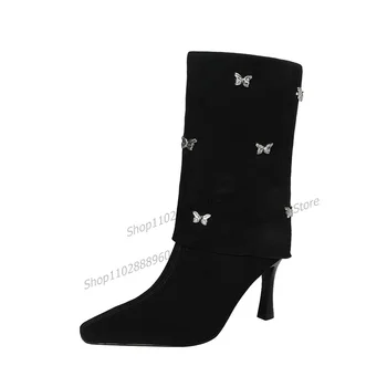Черни Обувки с метален декор във формата на пеперуда, Женски обувки на тънък Висок ток до средата на Прасците, без закопчалка, С остри пръсти, 2023, Zapatos Para Mujere