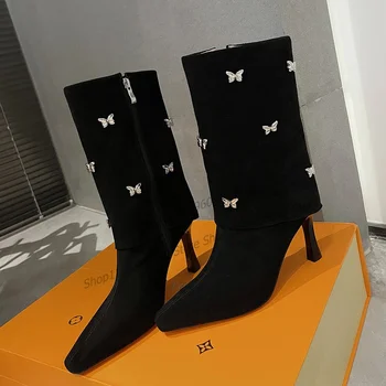 Черни Обувки с метален декор във формата на пеперуда, Женски обувки на тънък Висок ток до средата на Прасците, без закопчалка, С остри пръсти, 2023, Zapatos Para Mujere