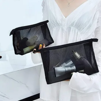 Черни чанти за измиване на тоалетни принадлежности с цип, дамски окото косметичка за пътуване, прозрачен мрежест джоб за грим, органайзер, чанта за съхранение