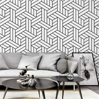 Черно-бяла клетчатая геометрична спалня, хол, модерна минималистичная мода, тапети в скандинавски стил