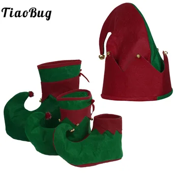 Шапка на Дядо Елф, обувки за възрастни, детски фетровый комплект, коледен костюм със звънци, подаръци за коледното парти, аксесоари Червен/зелен