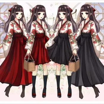 Японската Китайската реколта дрехи, Кавайное женствена рокля-кимоно Hanfu, вечерна рокля с цветен модел и дълъг ръкав, модни тоалети, топ, пола с лък